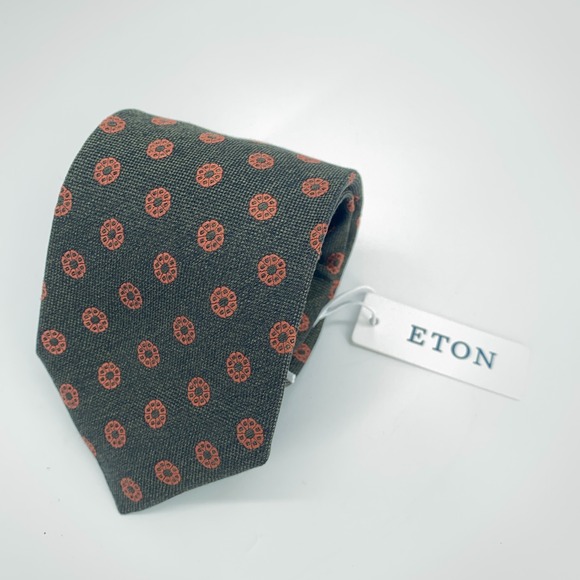 Eton Tie Mens One Size Green Orange Floral Silk Classic Necktie Italy Made NWT